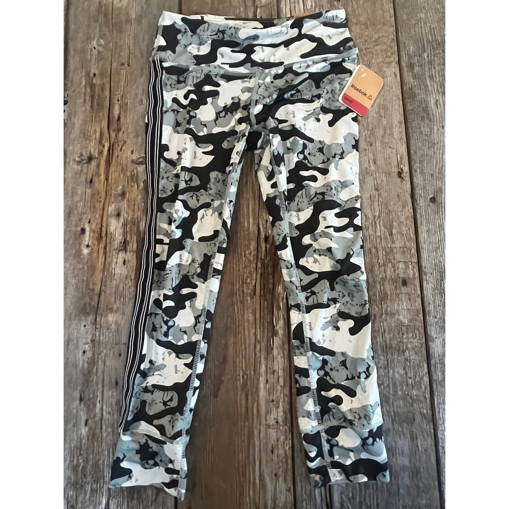 Reebok Womens Camo Stripe Cuffed Capri Printed Training Leggings Green Small NEW